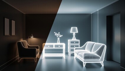 Augmented reality real estate virtual tour showing a room from wireframe to render