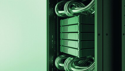 Green-lit server rack with organized, thick cables in a data center