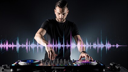 Focused DJ passionately mixing tracks with a digital soundwave overlay