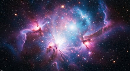 Obraz premium A vibrant and colorful nebula in deep space, filled with countless stars, gas clouds, and cosmic dust, showcasing the breathtaking beauty and vastness of the universe