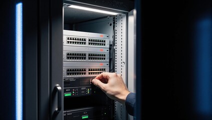 IT technician adjusting settings on a server rack in a data center