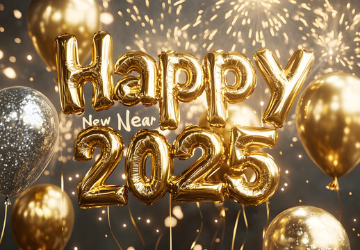 A shiny golden foil balloon displays the text "Happy New Year" with the numbers "2025". Glittering gold and silver balloons float in the air, with a background of sparkling fireworks.  - Powered by Adobe