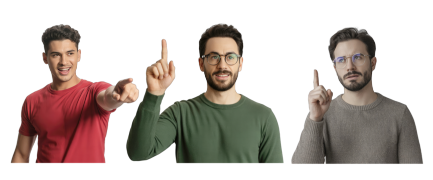 Three men pointing fingers and looking in different directions isolated on white transparent background png jpg business people clipping path cutout 2025 2026 4k full hd poster banner label download