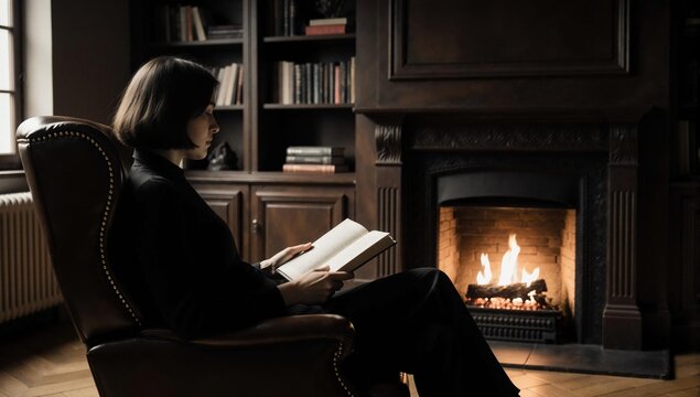 Young woman with dark academia aesthetic reading by a fireplace in a library