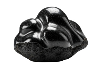 Heavy amorphous sculpture of mottled obsidian black volcanic rock, like a turbulent storm cloud, highly polished, isolated on transparent background, ample copy space, soft elegant shadows,
