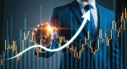 Businessman drawing upward trend arrow over financial data visualization