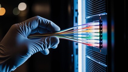 Technician connecting colorful fiber optic cables to a data center server rack