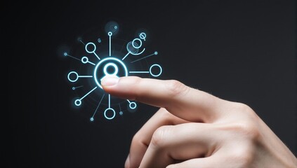 Finger touching a user icon in a glowing digital network interface