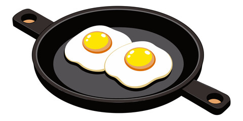 A realistic image of two sunny-side-up eggs cooking in a black cast iron skillet. The eggs have bright yellow-orange yolks and set white edges, sprinkled lightly with black pepper. The skillet sits on