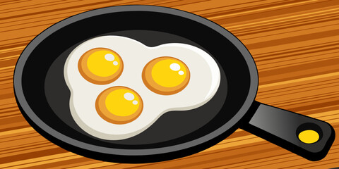 A realistic image of two sunny-side-up eggs cooking in a black cast iron skillet. The eggs have bright yellow-orange yolks and set white edges, sprinkled lightly with black pepper. The skillet sits on