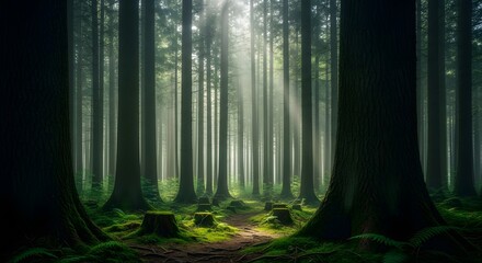 Obraz premium Sunlight streaming through a dense forest, creating a serene and enchanting natural landscape scene