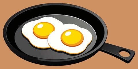 A realistic image of two sunny-side-up eggs cooking in a black cast iron skillet. The eggs have bright yellow-orange yolks and set white edges, sprinkled lightly with black pepper. The skillet sits on