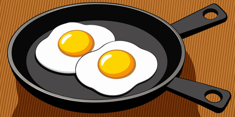 A realistic image of two sunny-side-up eggs cooking in a black cast iron skillet. The eggs have bright yellow-orange yolks and set white edges, sprinkled lightly with black pepper. The skillet sits on