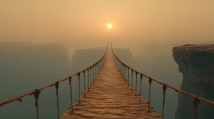 Obraz premium Rickety but sturdy rope bridge spans a vast canyon, disappearing into a golden sunset haze on the other side, symbolizing overcoming challenges.