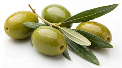 Green Olive with leaves in isolated white background