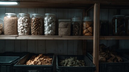 Wooden display shelves with assorted nuts in glass containers storage background