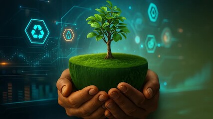 Hands holding a growing plant in a digital environment with eco-friendly and sustainability icons for environmental protection. - Powered by Adobe