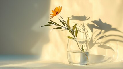 Glass vase with yellow flower and dramatic shadow natural minimal decor