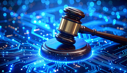 Digital Justice: A meticulously crafted depiction of justice and technology converge as a gavel rests upon a luminous, digital circuit board. A powerful metaphor for law in the digital age.
