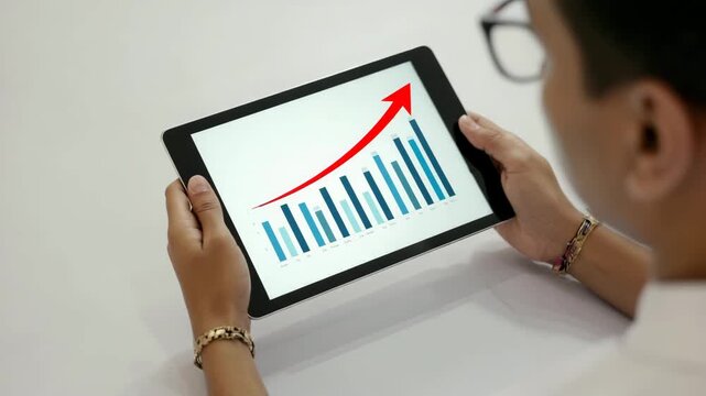 Tablet with growth graph in business in hands of peron. Business growth chart with rising trend line arrow. Digital stock market data visualization for investment analysis footage