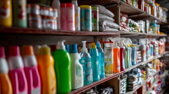 Supermarket aisle shelves filled with colorful cleaning products retail consumer goods