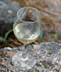 A quarter-filled wine glass sits outside on a pebble wall