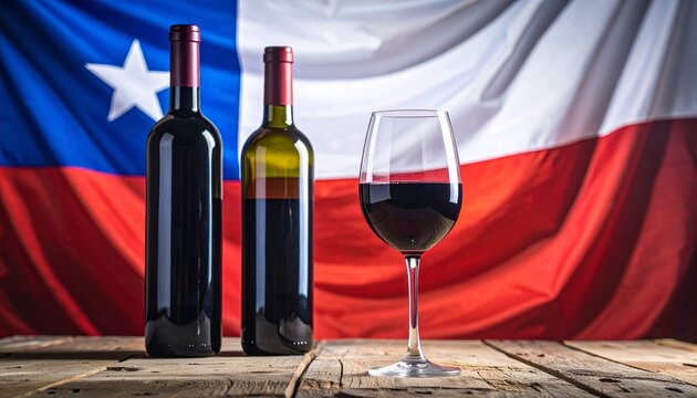 Two bottles of red wine and a glass on a wooden table with Chile flag backdrop