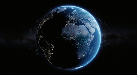 Glowing Earth Night Cities with Africa  Europe, Global Connection, and Stars.