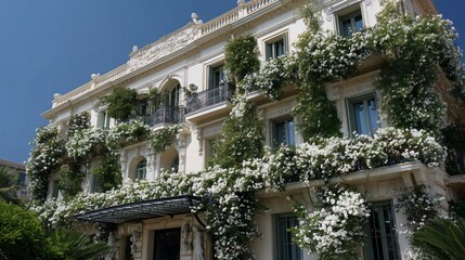 Fototapeta premium Ornate building facade draped in white flowers under a bright blue sky