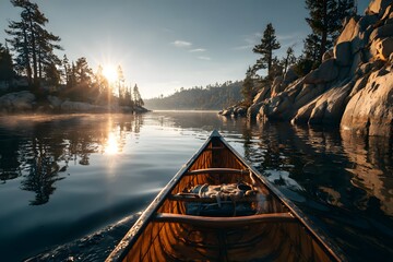 Canoe moves peacefully on still water ideal for travel ads and nature campaigns