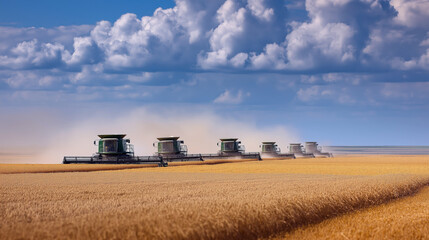 Fototapeta premium Large-scale wheat harvest in Canada, combine harvesters in perfect formation.