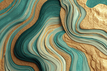 Abstract teal and gold swirling marble texture art design