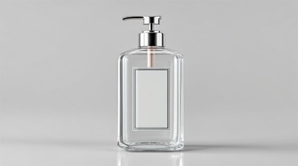 3D depiction of a sleek glass pump bottle with vertical label