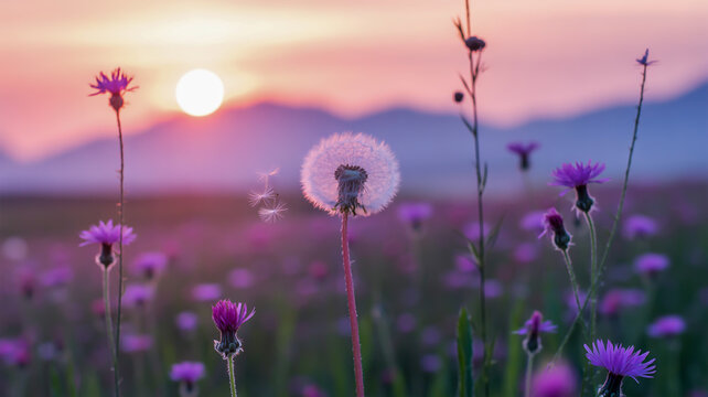 Dandelion Seed Head Dispersing Seeds in a Purple Wildflower Meadow at Sunset dispersal wind