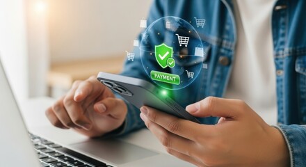 A person uses a smartphone to make a secure online payment with a shopping cart icon