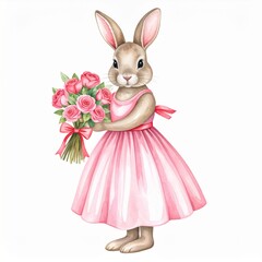 Obraz premium Watercolor Illustration of a Cute Bunny Wearing Pink Dress Holding Roses Bouquet on White Background