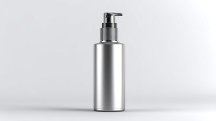 3D illustration of a refillable aluminum skincare bottle with pump top