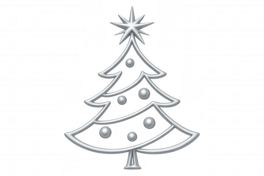 Silver metallic christmas tree with star and baubles celebrating winter holidays on a transparent background