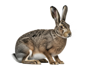 A grizzled mature European hare, mottled grey fur, watchful amber eyes, tense body, stark lighting on a white studio background with copy space, concept of wild instinct.