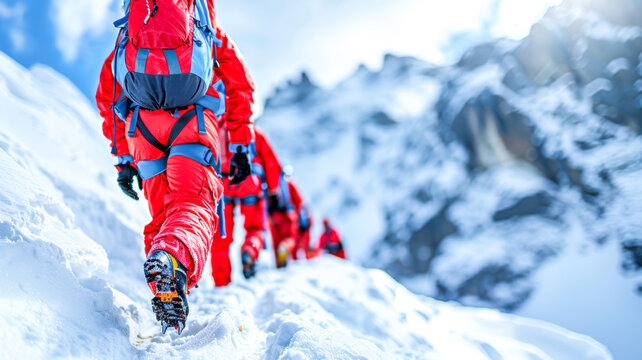 Group of climbers in red gear ascending snowy mountain trail under bright blue sky