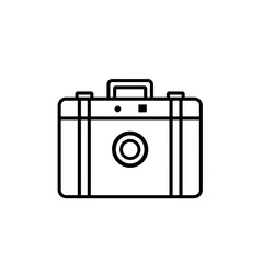 Illustration of a simple black and white suitcase with handle and circular design on the front side