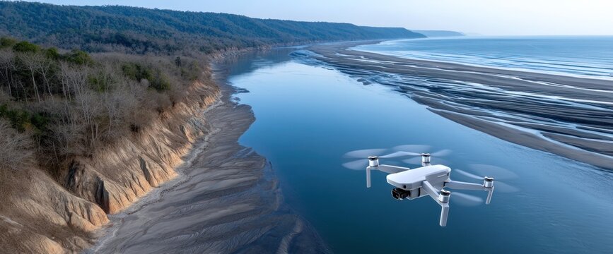 Drone flying over a river flowing into the ocean - Powered by Adobe