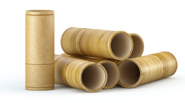 3D render of bamboo tube, exploded packaging layout, isolated on clean white background