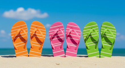 Fototapeta premium Summer FlipFlops Trio Beach Vibes with Ocean Dreams, and Holiday Fun.