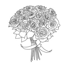 gorgeous bouquet of roses is drawn in black outline on white background. festive element of a wedding, anniversary, birthday, or date gift. stock vector illustration. EPS 10.