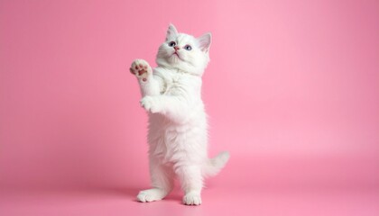 A fluffy white kitten stands upright on its hind legs against a solid pink background. With raised paws and wide eyes, it radiates playful curiosity and irresistible charm.
