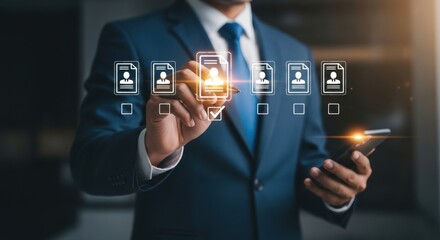 A businessman selects a candidate from a list of profiles on a digital interface