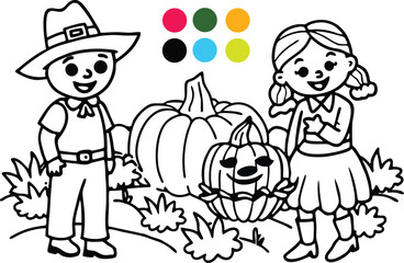  Harvest fun coloring page design. Funny winter cartoon illustration of a girl and boy