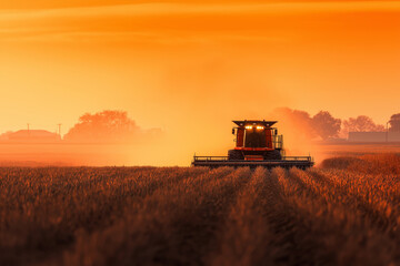 A tractor harvesting corn in the Midwest during golden sunset, with dust clouds rising and warm orange light filling the farmland.