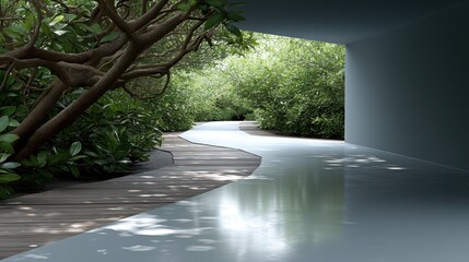 Modern minimalist interior with a garden vista